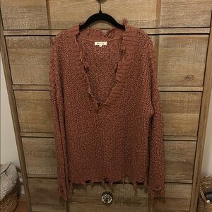 Miracle Rust V-Neck Distressed Sweater